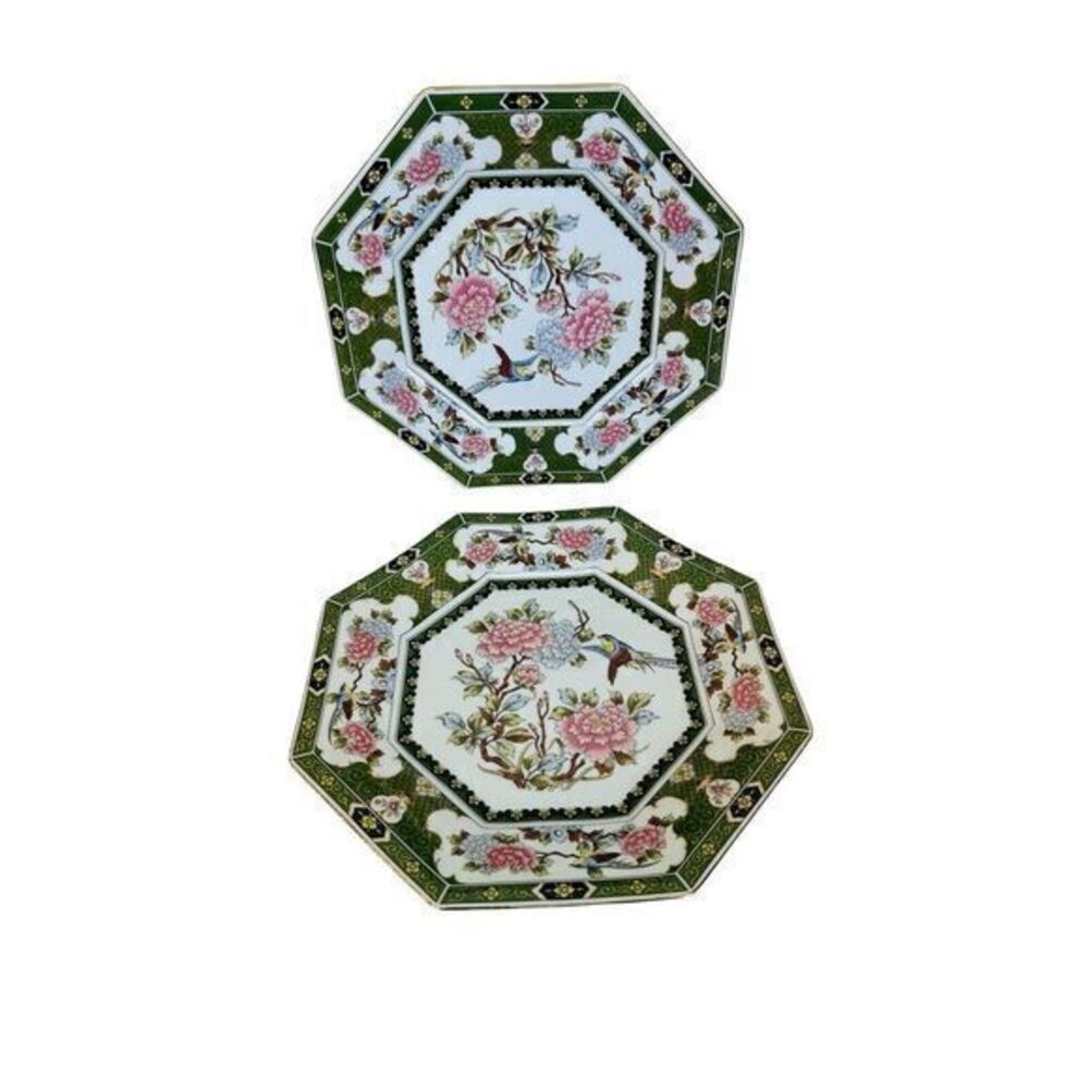 Vintage‎ Octagon Green Dinner Plate Peonies Bird AA Importing Co Made In Japan